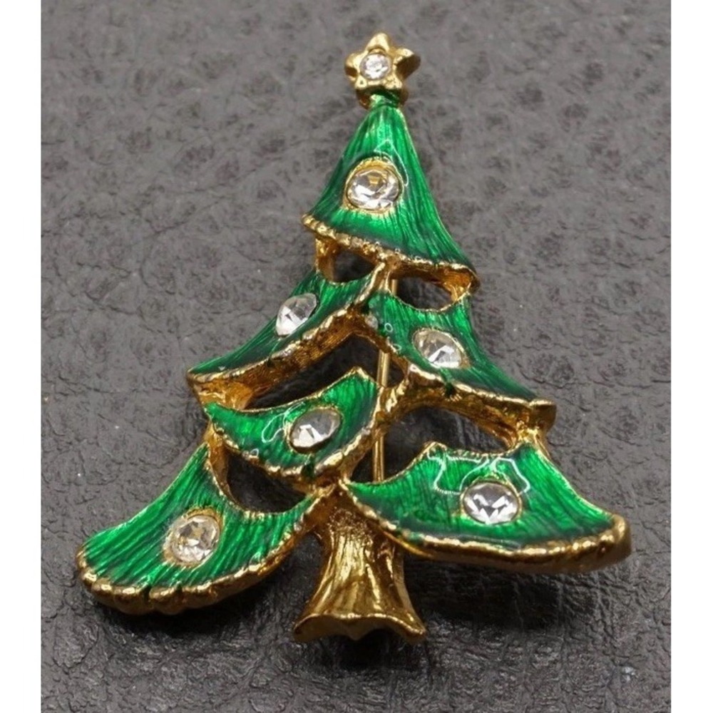 Vintage Christmas Tree Brooch Pin Green Enamel Rhinestone Gold Tone